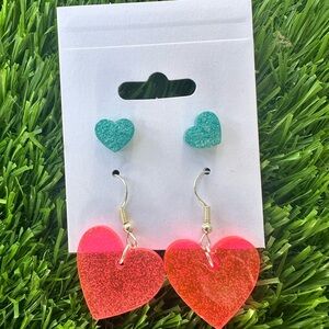 pink and blue heart resin earrings